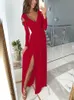 Automne Dr Femmes 2023 Sexy Col V profond Lg Manches Fente Maxi Dres Fi Élégant Solide Taille Haute Fête Dr g0Ys #