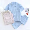 Home Clothing Yarn-dyed Plaid Couple Short-sleeved Trousers Pajamas Suit Men And Women Spring Summer Autumn Thin Cotton Nightwear Pajama Set