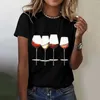 T-shirts pour femmes T-shirts imprimés en verre de vin Chemise courte à col roulé pour femmes Basics Femme Summer Tops soyeux