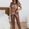 Pyjama en Satin pour femmes, vêtements de maison, Texture lisse, ensemble de sommeil, été, avec broderie de cœur soyeux, taille élastique, jambes larges