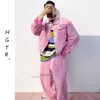 Корейский модный розовый джинсовый комплект для мужчин, весна-осень, однотонное джинсовое пальто, джинсы унисекс Y2K, одежда Harajuku, комплекты из двух предметов 240318