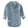 メンズカジュアルシンプルなゆるい薄い薄い3分の1スリーブシャツ日本のストリートウェアメンブラウスT1xt＃＃100％リネンシャツ