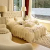 Set di biancheria da letto vintage francese beige rosa pizzo volant di fiori da ricamo trapunta di cotone egiziano/coperchio piumone foglio foglio