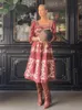Повседневные платья с принтом в стиле ретро, квадратный воротник, женское платье макси с оборками, свободное платье с длинным рукавом, 2024, модное женское платье для отпуска, вечеринки, Vestido