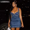 Casual Dresses Sexig rem Strapless Rhinestone Blue Denim Mini Dress 2024 Summer Fashion Elegant Club Party for Women Outwear