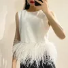 NHKDSASA Fashion Shirt Top Women Black Patchwork Feathers Korean Round Neck Sleeveless Slim Tops Female Summer Clothing 240314