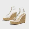 Chaussures de robe 13cm Sandales à talons compensés Plate-forme imperméable Muffin Fond Transparent Bouche de poisson Discothèque Banquet Diamant Femme