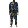 Hemkläder pajamas män gyllene kedja tryck natt sömnkläder digital konst 2 stycken retro set långärmad bekväm överdimensionering