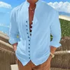 spring and Summer 100% Cott Linen Men's Lg Sleeved Shirts Solid Color Stand Collar Casual T-shirt Plus Size Men's Clothing 23GT#