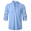 Printemps été hommes chemises Cott lin manches Lg Henley chemise col en V décontracté à lacets hauts mâle respirant mince Bloluses A2Fv #