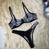 Soutien-gorge Ensembles Lingerie Sexy Ensemble Femme Transparent Dentelle Patchwork Brassière Culotte Costumes Exotiques 2 Pièces Soutien-Gorge À Armatures Strings Tenues