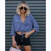 Sexy Long Sleeve Denim Shirt Fashion Drawstring Tops Vintage Ladies Clothes Casual Pocket Loose Polo Collar Blouse New