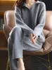 loose Knitted 2piece Sets Women Korean Polo Collar Sweater Pullover Cjuntos High Waist Ankle Length Malhas Harem Pant Setleri E496#