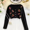 Women's Knits YUZACDWX 2024 Vintage Pearl Buttons Warm Kintted Sweater Women Crochet Embroidery Cardigan Retro