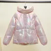 Glossy W-Free Down Cott Jacket 2022 Winter New All-Match Fi Casual vadderad kappa Kvinnlig huva Löst tjocka korta parkor 8771#