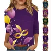 Women's T Shirts Fashion Casual 3/4 Sleeve Mardi Gras Carnival Themed Costume Party Mask Print Stand Collar Pullover Top Women