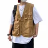 men Cargo Vests Multi Pockets 2023 Spring Summer Fi Streetwear Vintage Waistcoat Solid Color Male Casual Sleevel Jackets N2KY#