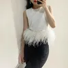 NHKDSASA Fashion Shirt Top Women Black Patchwork Feathers Korean Round Neck Sleeveless Slim Tops Female Summer Clothing 240314