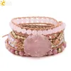 CSJA Natural Stone Bracelet Pink Quartz Leather Wrap Bracelets for Women Rose Gems Crystal Beads Bohemia Jewelry 5 Strand S308 220312g