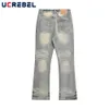 Wed Mud Yellow Denim Pants Мужские High Street Scratch Свободные расклешенные брюки Мужские джинсы Distred k0C2 #