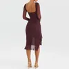 Vestidos casuais chique mulheres malha midi bodycon vestido moda sheer manga longa plissado hem sereia sexy slim fit cocktail