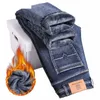 2023 Winter Men's Warm Jeans Thicken Fleece Slim Straight Soft Elastic Busin Casual Denim Pants Brand Male Trousers Blue Gray 98en#