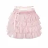 Japanse Kawaii Lolita Mini Rok Vrouwen Roze Witte Zoete Ruche Taart Korte Boog Rok Femme Kant Bandage Koreaanse Zomer Mesh rok 240314