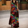 Casual klänningar 1960-talets retro tryck lång klänning V-ringning flerfärgad sexig ärmlös kontrast Färska söt stil unga kvinnor sommar