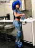 Strano Puss Sexy Denim Stampa 2 pezzi Set 2023 Estate Nuova tendenza Mesh Crop Tops + Pantaloni dritti Streetwear Hot Girl Skinny Outfits F9r7 #