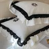Conjuntos de cama Francês 40s Lavado Textura de Algodão Bordado Oco Lace KingQueen Set Duvet Consolador Capa Cama Folha Equipada Fronhas