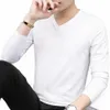 men's Autumn Winter Ice Silk Lg Sleeve T-Shirt Pure Color V-Neck Undershirt White Clothes New Trendy Inner Top Bottoming Shirt s8Wk#