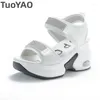 Chaussures de robe 8cm Sandales Pantoufles respirantes Creux Summer Strass Blanc Véritable Cuir Femmes Chunky Sneakers Plate-forme Wedge