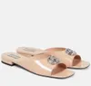 Sommardesign dubbel-g med kristallsandaler skor glid på glidlägenheter feminina skor glittrande hårdvaru skor glid på hem promenad eu43