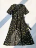 French style floral black wrap dress with black background and yellow flowers for women's summer tea break dress dress