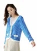 Vimly Blue White Stripe Sticked Cardigans för kvinna 2023 Hösten Löst LG Sleeve Top Female V-Neck Hold Out Knitwears 72109 F6RL#