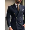 Ternos masculinos chiques azul marinho pico lapela duplo breasted elegante noivo conjunto completo 2 peça jaqueta calças magro traje homme terno p0Aa #