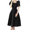 Casual Dresses Women Long Dress Puff Sleeves A Line High midja Slim midja fyrkantig hals Kvamläder Ruffle Elegant Summer Ladies Midi Dati