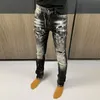 high Street Fi Men Jeans Retro Black Gray Stretch Slim Fit Ripped Jeans Men Painted Designer Patched Hip Hop Brand Pants v2qE#