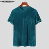 Uomini Casual T Shirt Velour Girocollo Manica corta Colore solido Streetwear Abbigliamento uomo 2023 Pieghettato Fi Camisetas 3XL INCERUN Y4x2 #