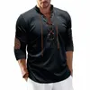 Hommes Cott Lin Henley Chemise Muscle Lace Up Lg Manches Col Montant Grands et Grands T-shirts Casual Pull Henley Tee Top j7Hm #