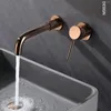 Badezimmer-Waschtischarmaturen, moderner Wasserhahn aus gebürstetem Gold, Messing, Wandmontage, 2-Loch-Einhand-Kalt- und Dual-Control-Waschtischarmatur