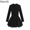 Casual Dresses GkyocQ Korean Fashion Women Dress Simple O Neck Long Sleeve High Waist Slim A Line Tutu Short Black Birthday Party