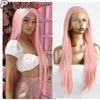 Perruque Lace Front Wig synthétique 24 pouces, perruque longue et lisse rose, perruque de fête Cosplay 13x4, perruque Lace Front Wig synthétique pour filles et femmes, postiche coréenne en fibre haute température