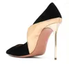 Kleidschuhe Sexy Mischfarbe Gold Schwarz Patchwork Pumps Vergoldet Stiletto Heels Spitzschuh Slip On High Heel Frau