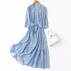 Casual Dresses 2024 Women's Spring Art Blue Fragmented Flower Natural Mulberry Silk 03Crepe De Chine V-Neck Loose Ruffle Edge Dress