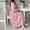 Abiti casual BGTEEVER Moda scollo a V Ruffles Donna Abito a trapezio Primavera Estate Elegante manica lunga floreale pieghettato per le donne