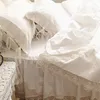 Top Romantic bedding set elegant European wide white satin duvet cover Crochet Lace bedspread cotton wedding bedding bedskirt T200288S