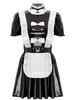 Delle donne Effetto Bagnato Pelle Verniciata Cameriera Dr Costume Cosplay Ruffles Trim Puff Manica A-Line Dr Naughty Maid Uniforme Clubwear 059G #