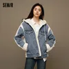 Semir Denimジャケット女性フード付きスプライスImitatiラムウール2023冬の新しいキルティングジャケットY6SV＃