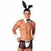 Mens Waiter Tuxedo Lingerie Sexig Cosplay Costume Rollspel Uniform Se genom trosor Underkläder med Bunny Ears pannbandskrage W0BK#